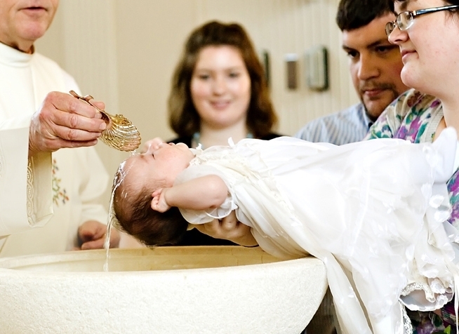 Infant Baptism at St. Monica, Mercer Island. Parents, Godparents, Priest, water, Baptism