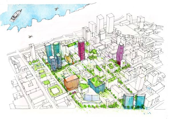 Water color rendering of the First Hill redevelopment with Westbank and Creative Energy