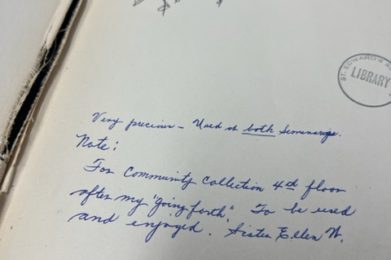 Hand written note in blue ink from Sister Waddell.