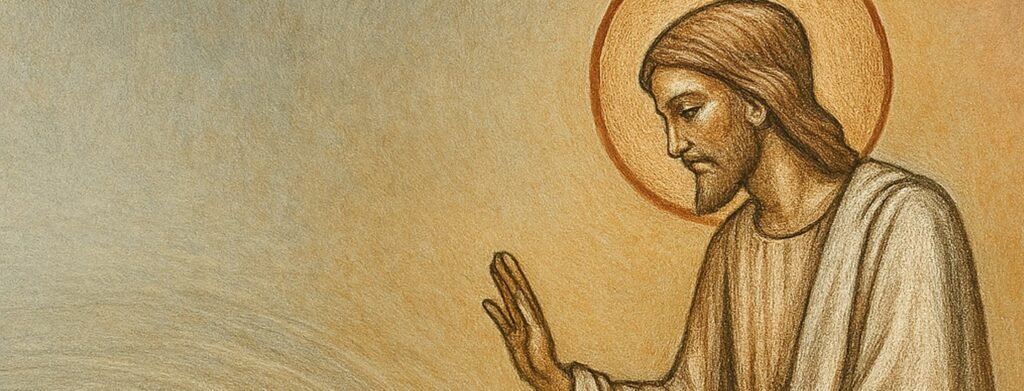 Image of Jesus in white robe with a red halo around his head and his right arm up.