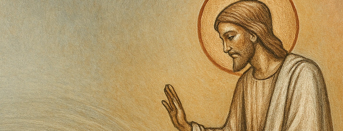 Image of Jesus in white robe with a red halo around his head and his right arm up.